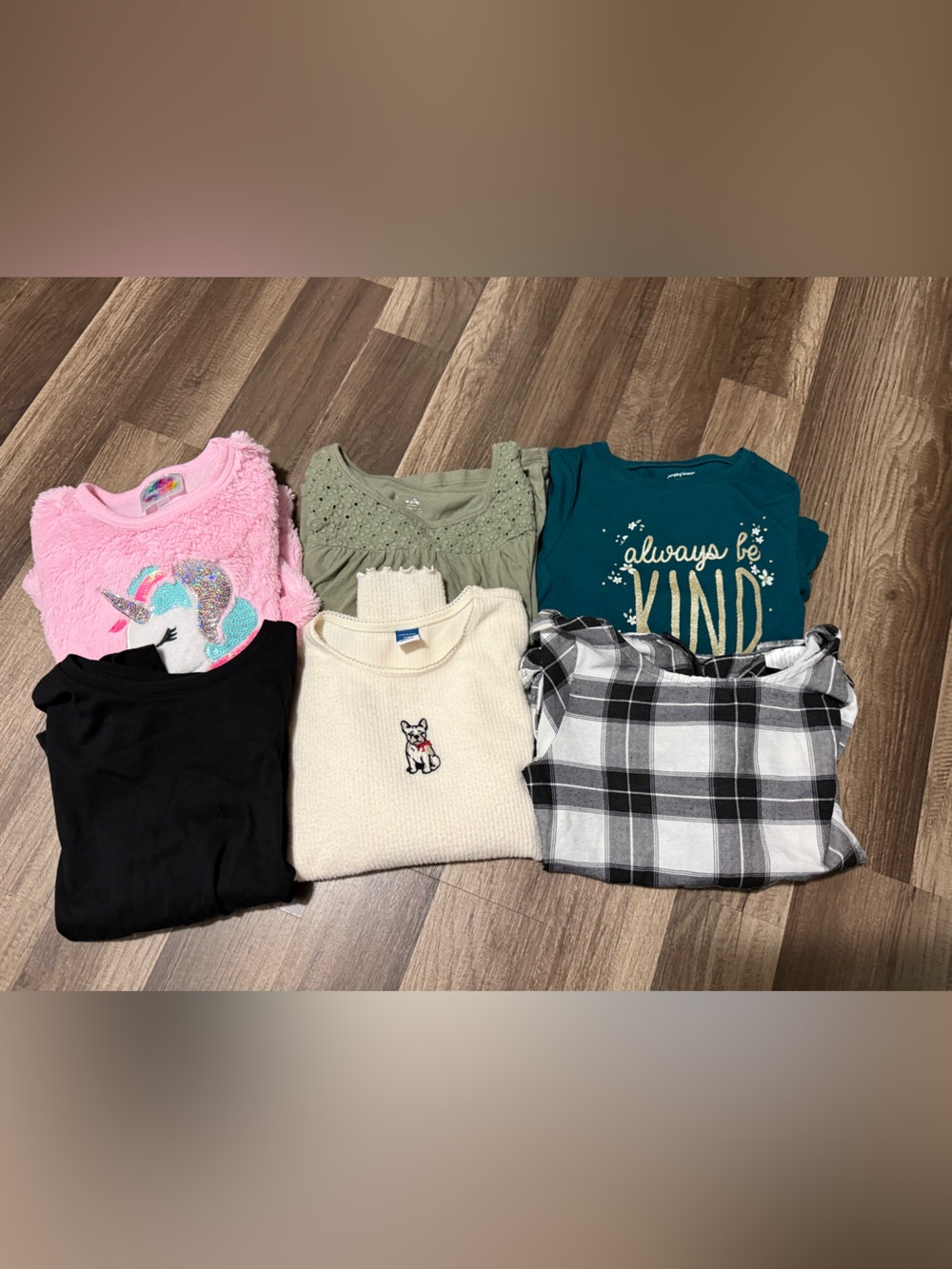Mixed Girls Clothing Bundle - Pink Unicorn Fuzzy Top + Plaid & Teal Tops